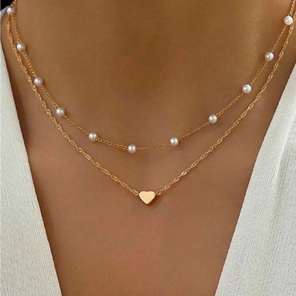 Gold and White Layered Necklace with Heart Pendant
